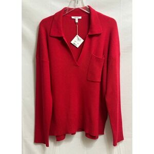 NWT Splendid Red Ribbed Polo Sweater V-Neck Cotton Wool Cashmere Silk Medium